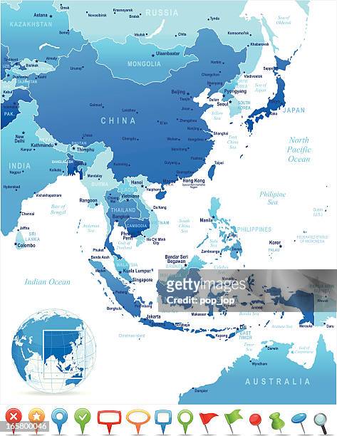 map of east asia-ländern und städten und navigation symbole - china east asia stock-grafiken, -clipart, -cartoons und -symbole