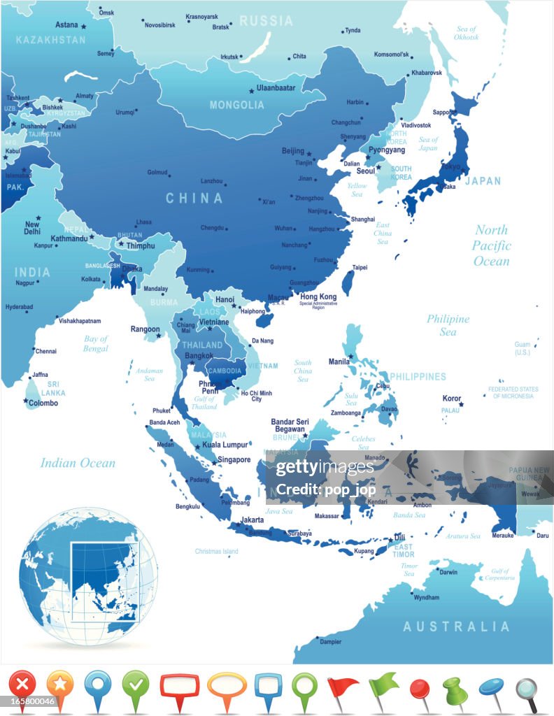 Mapa da Ásia Oriental-países, cidades e ícones de navegação