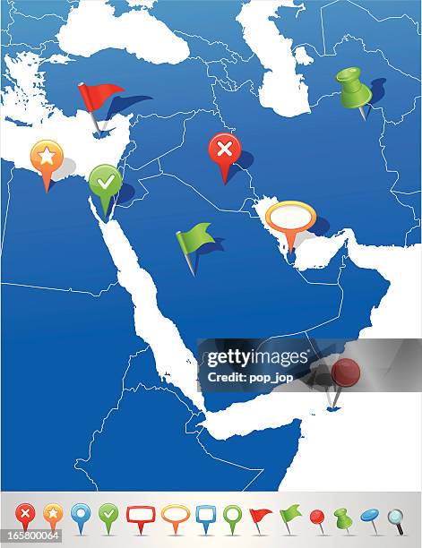 map of middle east with navigation icons - jorden stock illustrations