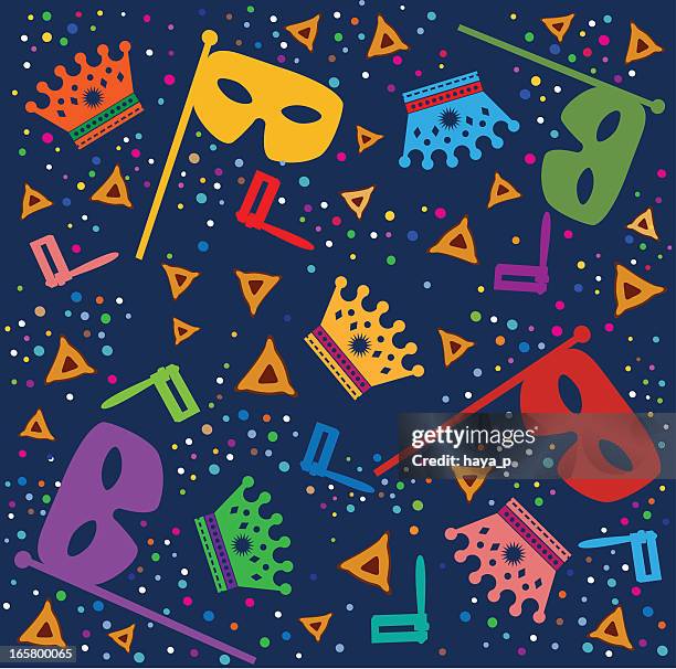 purim background with masks, rattles and hamantaschen - purim stock illustrations