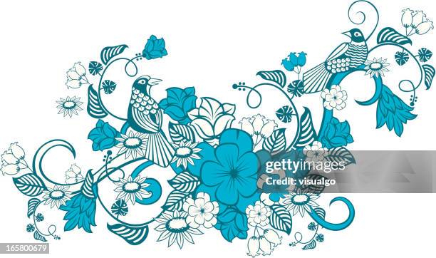 magpie and flowers - magpie stock illustrations