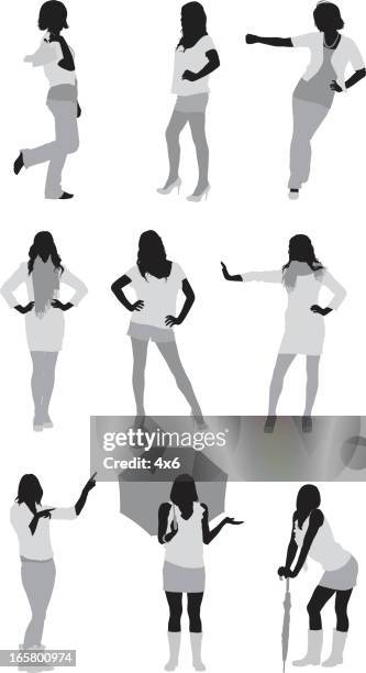 multiple images of women in different action - leaning stock illustrations