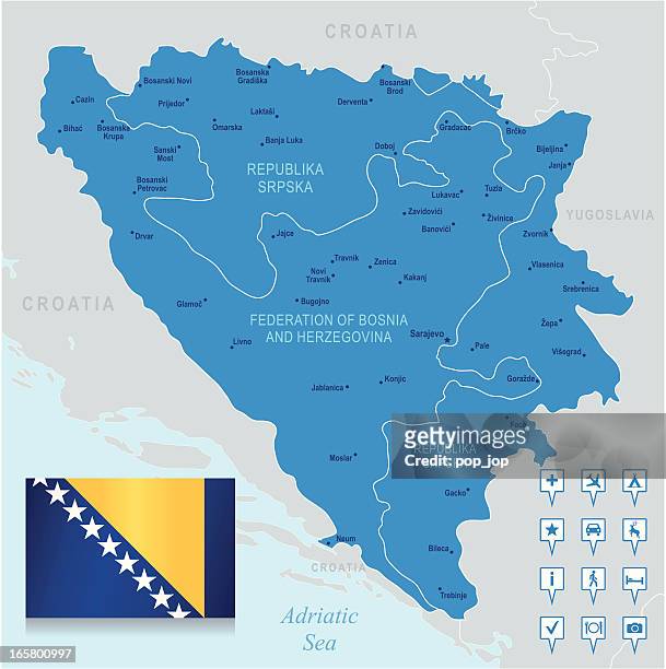 ilustraciones, imágenes clip art, dibujos animados e iconos de stock de mapa de bosnia y herzegovina estados, las ciudades, bandera, iconos - bosnia