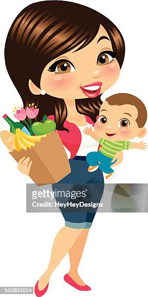 grocery shopping mom with baby - hey baby stock illustrations