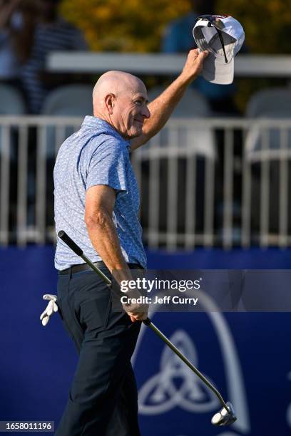 Steve Flesch celebrates on the 18th green after winning the Ascension Charity Classic at Norwood Hills Country Club on September 10, 2023 in St...