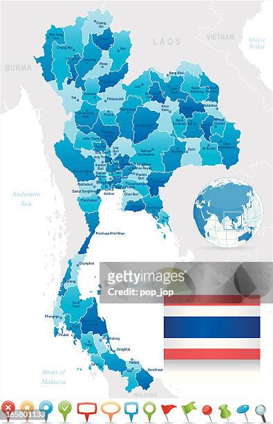 karte von thailand-staaten, städte, flagge und navigation symbole - phuket stock-grafiken, -clipart, -cartoons und -symbole