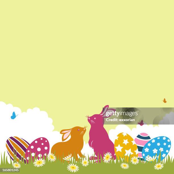 easter bunnies and eggs - easter egg hunt stock illustrations