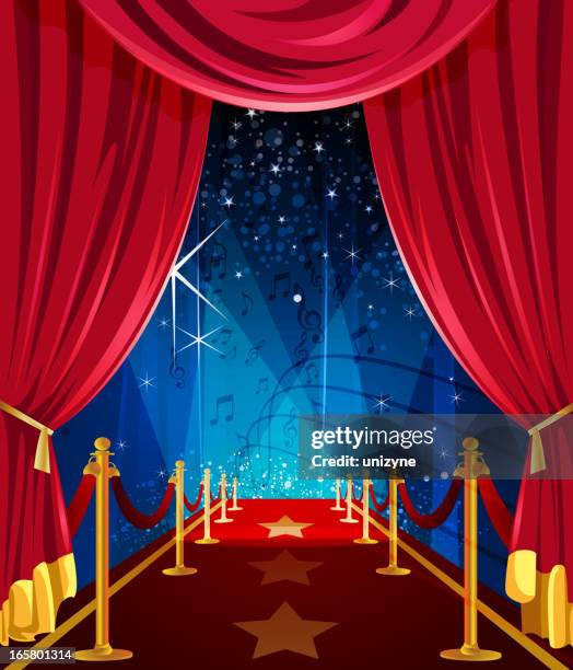 stockillustraties, clipart, cartoons en iconen met red carpet with curtains - roem