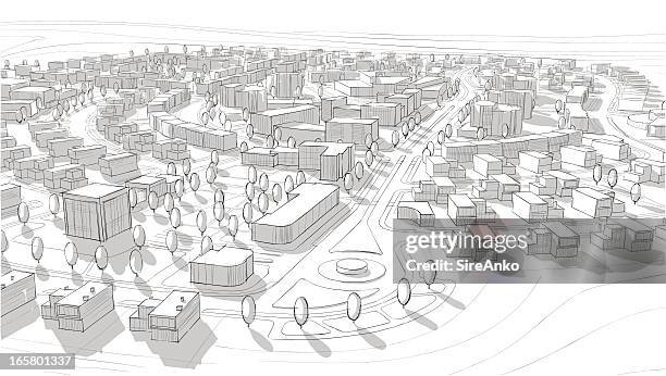 hand drawn black and white city architecture - horizon urbain stock illustrations