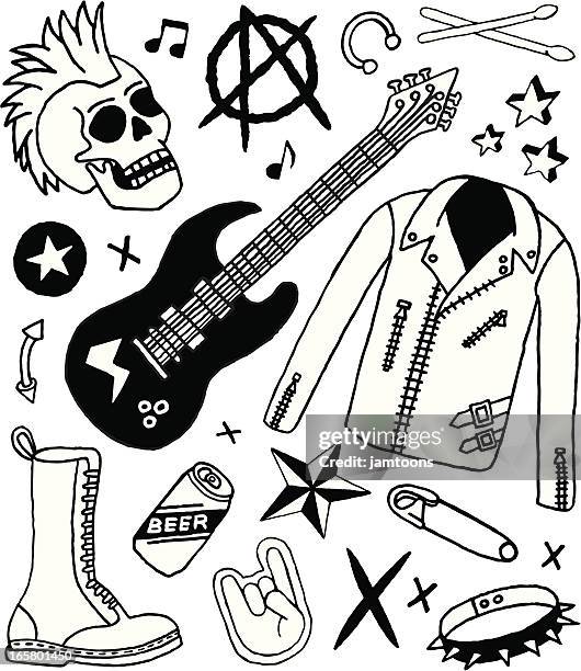 illustrazioni stock, clip art, cartoni animati e icone di tendenza di punk rock e schizzi - materiale di pelle animale