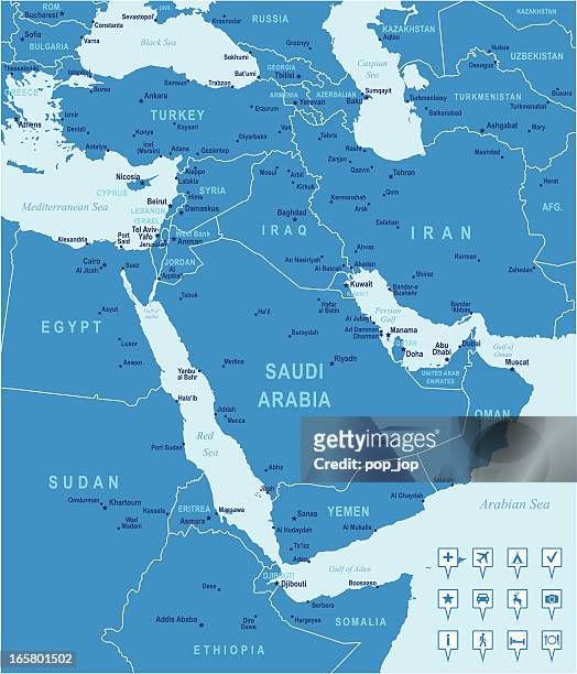 blaue vektor-karte naher osten - turkey middle east stock-grafiken, -clipart, -cartoons und -symbole