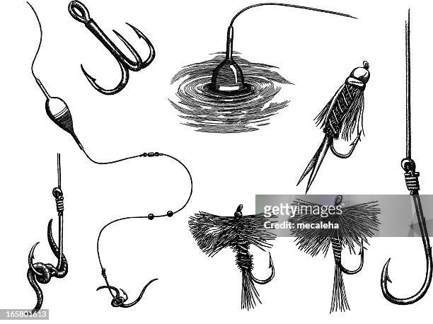 fishing set - fishing hook worm stock illustrations