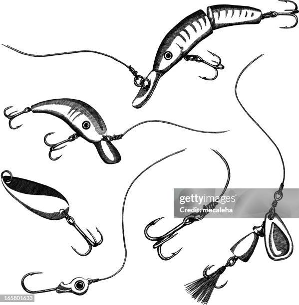 sketches of fishing lures on a white background - fishing hook 幅插畫檔、美工圖案、卡通及圖標