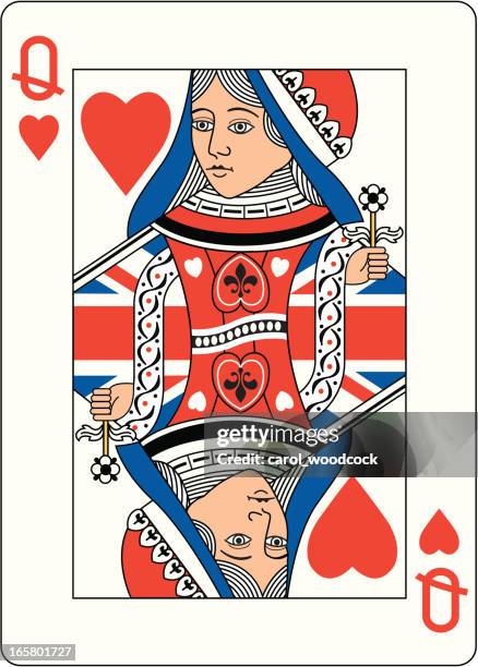 union jack-herz-zwei queen-size-bett - spielkarte dame stock-grafiken, -clipart, -cartoons und -symbole