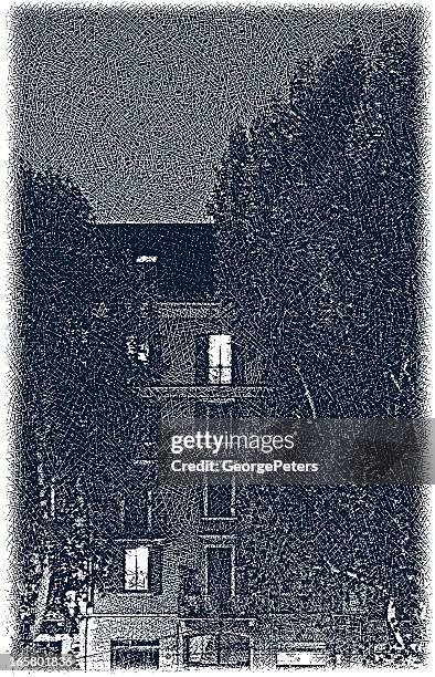milan apartment at night - balcony night stock illustrations