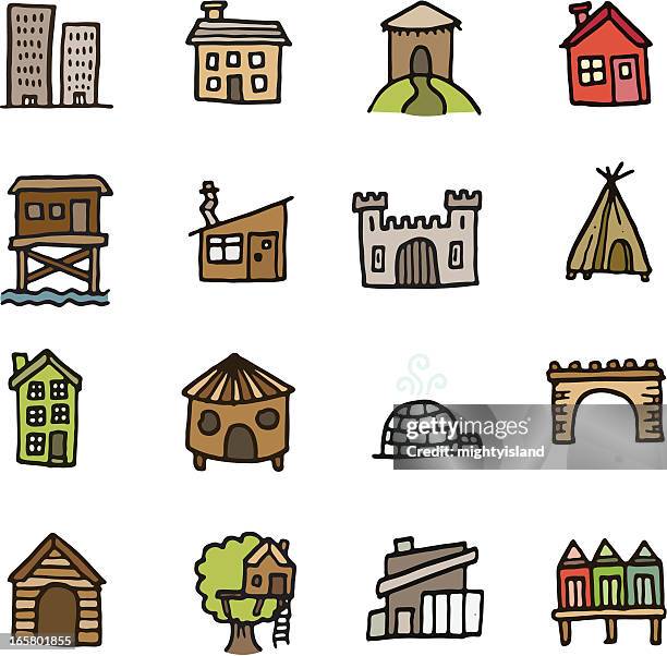 building and home doodle icon set - country club stock illustrations