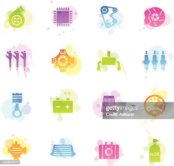 stains icons - car performance parts - engine control unit stock illustrations
