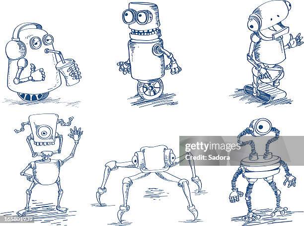 gekritzel roboter - monster fiktionale figur stock-grafiken, -clipart, -cartoons und -symbole