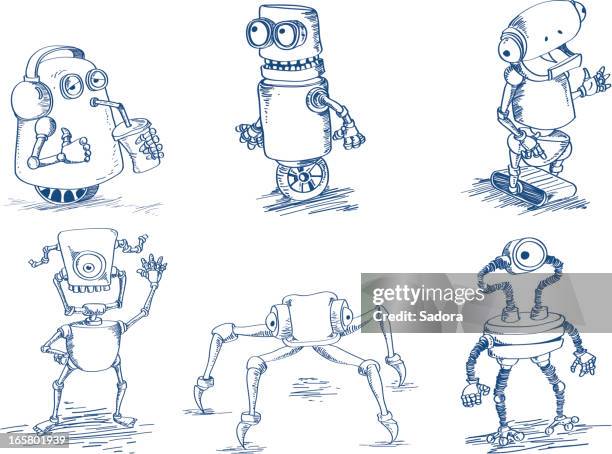 doodle robots - cartoon drinking stock illustrations