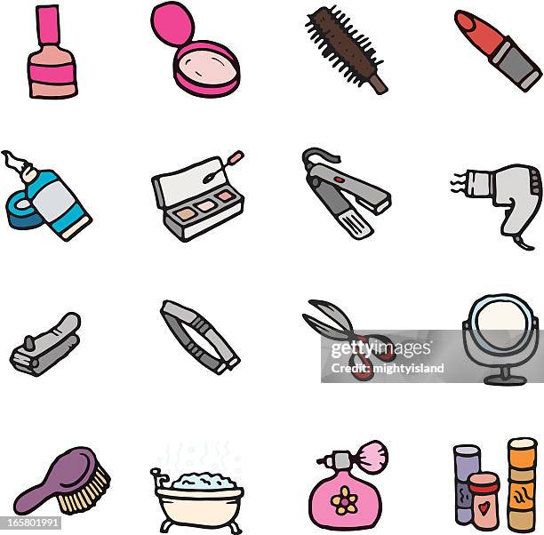 make up and manicure doodle icon set - powder compact stock illustrations