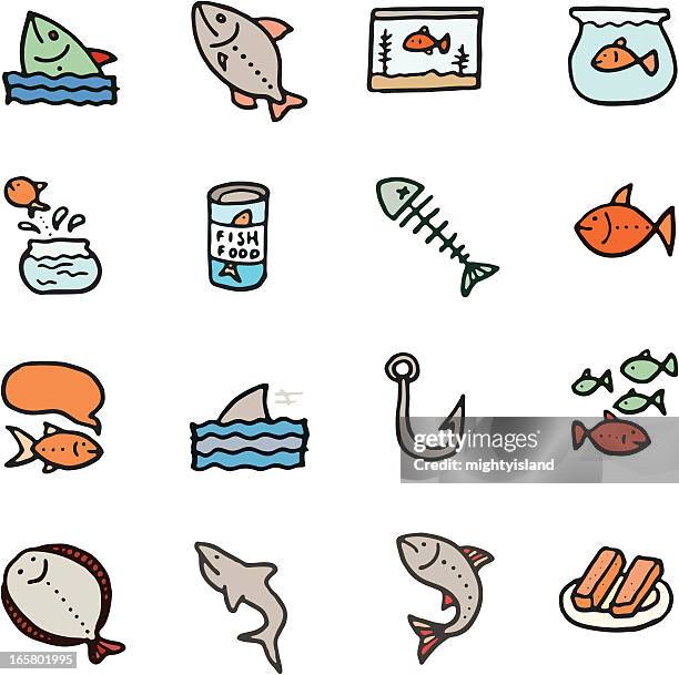 stockillustraties, clipart, cartoons en iconen met fish doodle icon set - sole