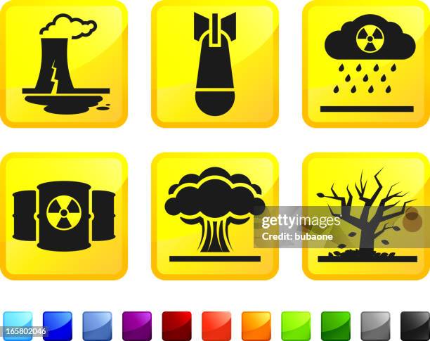 nuclear plant leak and explosion disaster vector icon set stickers - nuclear explosion icon stock illustrations