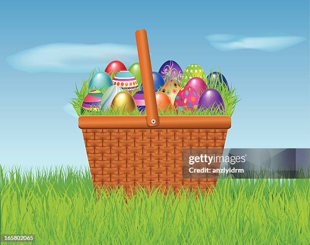 easter eggs in a basket - easter basket stock illustrations