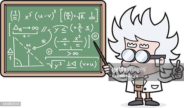 cartoon lehrer mit einem komplizierten berechnung/wissenschaftler/dozenten - mathematiker stock-grafiken, -clipart, -cartoons und -symbole