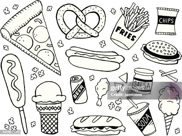 ilustraciones, imágenes clip art, dibujos animados e iconos de stock de los garabatos basura - chips