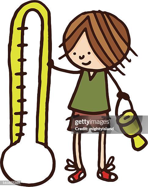 boy and fundraising thermometer - fundraiser thermometer stock illustrations