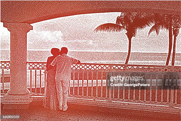 stockillustraties, clipart, cartoons en iconen met romantic couple kissing - engaged sunset