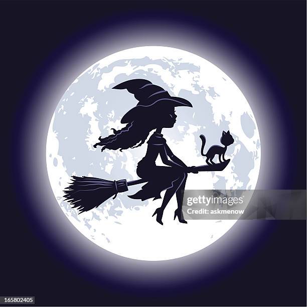 halloween hexe silhouette - witch flying on broom stock-grafiken, -clipart, -cartoons und -symbole