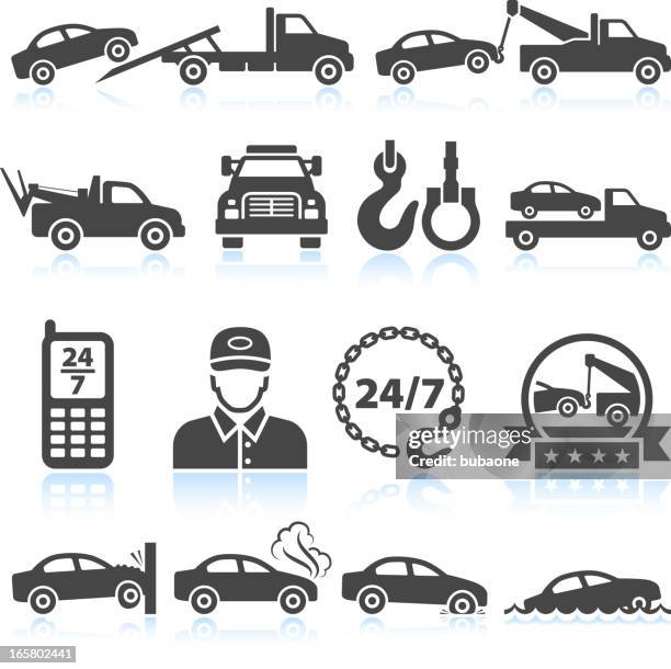 towing truck black & white royalty free vector icon set - roadside assistance stock illustrations