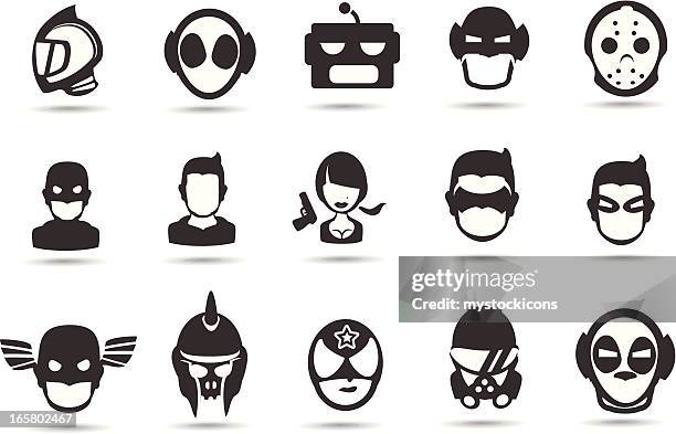 illustrazioni stock, clip art, cartoni animati e icone di tendenza di super eroe maschera icone - maschera di protezione per lo sport