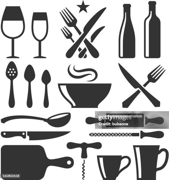 bildbanksillustrationer, clip art samt tecknat material och ikoner med restaurant emblem and kitchen appliances black & white icon set - ätutrustning