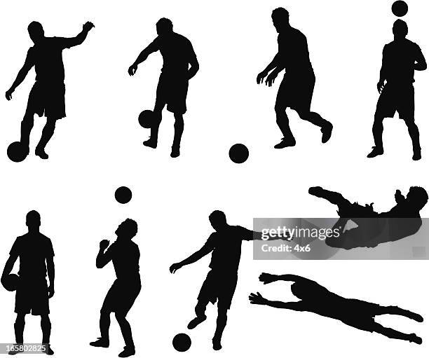 illustrazioni stock, clip art, cartoni animati e icone di tendenza di più immagini di un uomo di giocare a calcio - silhouette