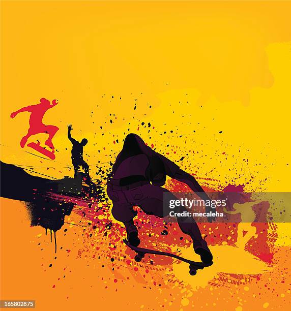 silhouetted skateboarders on yellow paint splash background - skating stock illustrations