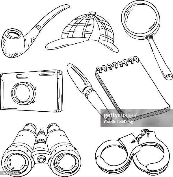 detective's tools in black and white - old files stock illustrations