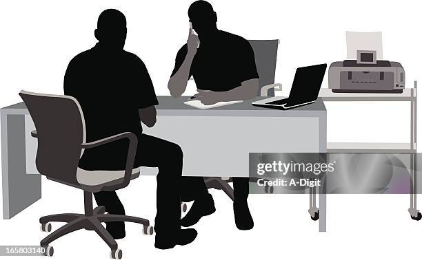office issues vector silhouette - black man using computer stock illustrations