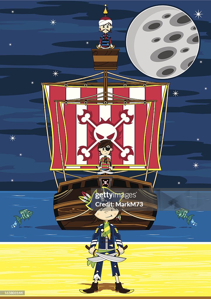 Cute Pirate Captain and Ship Beach Scene