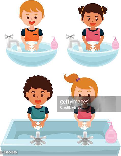 stockillustraties, clipart, cartoons en iconen met washing hands - girls taking a showering