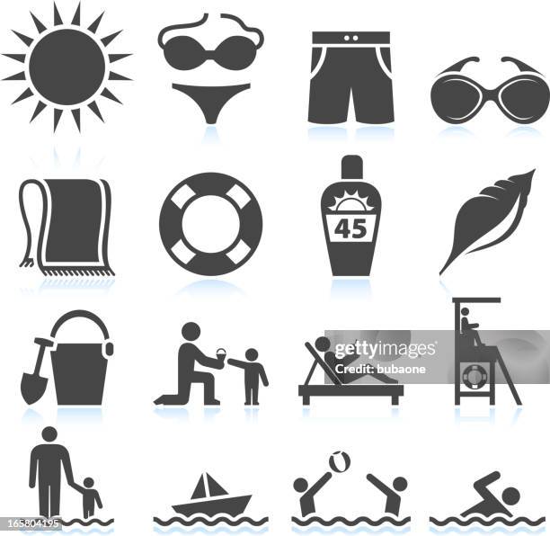 summer beach vacation black & white vector icon set - suntan lotion stock illustrations