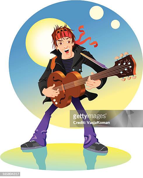 illustrations, cliparts, dessins animés et icônes de rock star jouant la guitare - scène de vie