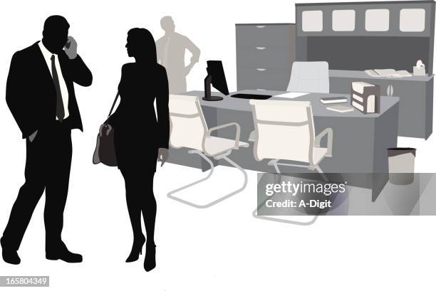 business workers vector silhouette - 3 computer screens stock illustrations