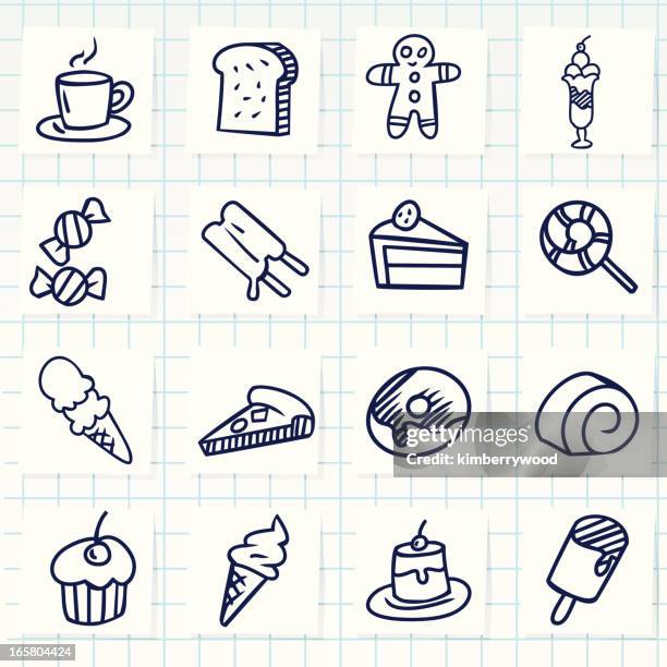 drawn icons of desserts on grid paper - mousse dessert stock illustrations