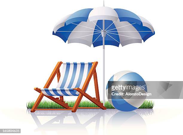 stuhl, regenschirm und beach-ball - beach umbrella isolated stock-grafiken, -clipart, -cartoons und -symbole