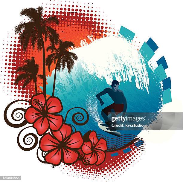 surfer in an hibiscus emblem - wetsuit stock illustrations