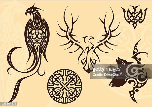 tattoo set - phoenix mythical bird stock illustrations