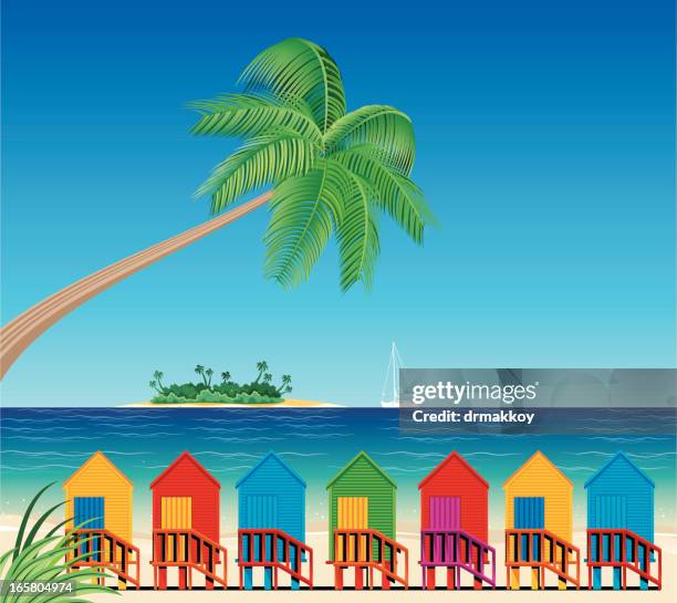 tropical beach and huts - cape of good hope stock illustrations