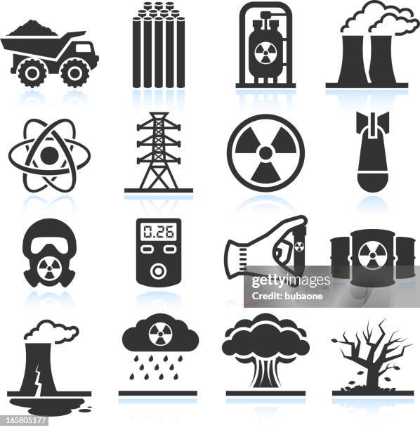 nuclear energy industry and disaster black & white icon set - atomic bomb stock illustrations